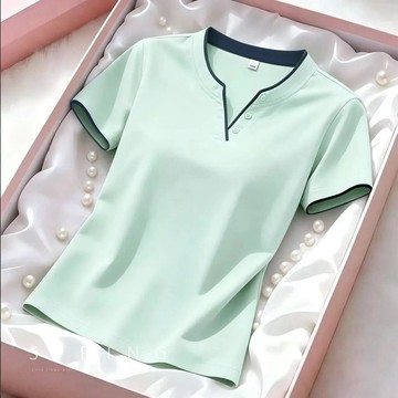 設計感修身T恤女 上衣 T恤 短袖衫 【479#M-4XL/4色】夏季爆款拼接設計感修身精緻短袖女V領外穿上衣潮 女裝