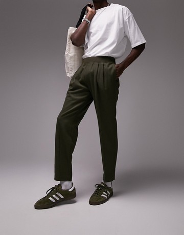 Topman premium tapered wool mix elasticated waist trouser in khaki-Green