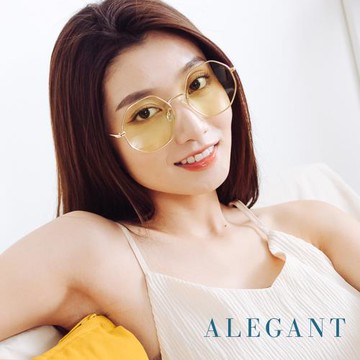 【ALEGANT】玩色時尚鮮柳黃圓框幾何造型墨鏡│UV400太陽眼鏡│蘇打的水色甜夢