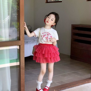 Mini baby🌷兒童粉色格子蛋糕裙女童夏季防走光半身裙中小童坑條短袖T恤