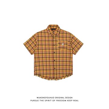 悟空有貨美式刺繡口袋黃色格子短袖襯衫男女潮牌毛邊下擺情侶襯衣
