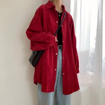 早春新款韓版寬松百搭中長款長袖燈芯絨燈籠袖襯衫時尚上衣潮1入