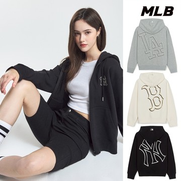 MLB 男女款 背後大Logo 棉質拉鍊連帽外套 道奇/紅襪/洋基隊 (3ATRB0544-三款任選)【官方旗艦店】