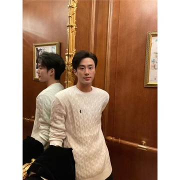 高端小馬標套頭打底衫慵懶米白色麻花紋圓領毛衣男早秋針織衫上衣