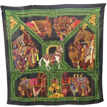 HERMES 愛馬仕 黑色 羊絨真絲 La Danse du Cheval Marwari Shawl 140 披巾 【二手名牌BRAND OFF】