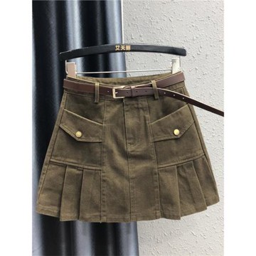 咖啡色設計感百褶牛仔短裙子女2025春夏新款小個子高腰顯瘦a字裙