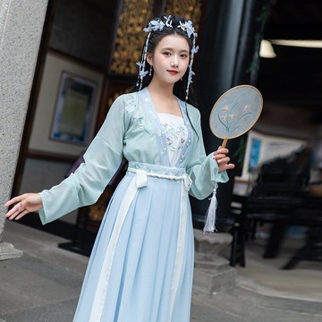 民族風原創設計改良漢服連衣裙漢元素刺繡上衣齊腰襦裙三件套1入