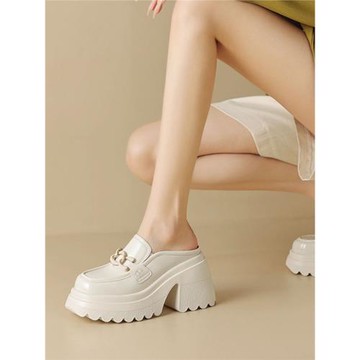 真皮懶人鞋高跟包頭半拖鞋女外穿夏季穆勒鞋休閑粗跟厚底涼拖鞋