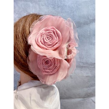 甜美溫柔粉色花朵抓夾女鯊魚齒夾子發抓女布藝花卉盤發器氣質發飾