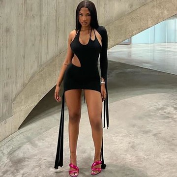 solid color lace-up one-shoulder dress女裝純色系帶單肩連衣裙