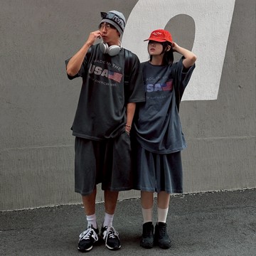 正韓UNISEX 美式復古水洗休閒套裝 印花上衣 鬆緊短褲 4色 YUPPIE 預購商品 0429