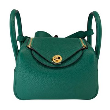 HERMES MINI LINDY U4絲絨綠 金釦 W刻
