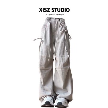 美式街頭甜酷風休閑工裝褲女秋冬季設計感抽繩寬松顯瘦運動束腳褲