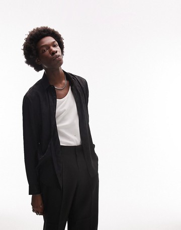 Topman short sleeve regular jacquard satin shirt in black