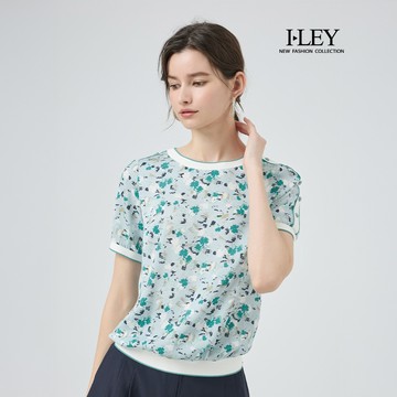 ILEY伊蕾 撞色拼接印花上衣(淺藍；M-2L)