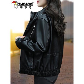 啄木鳥女士皮衣外套女春秋款2025新款爆款寬松pu皮夾克機車服上衣