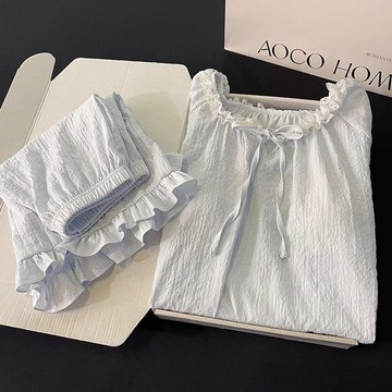 女童簡約藍色睡衣中大童夏季新款短袖短褲甜美休閒家居服套裝家居服套裝兒童睡衣兒童家居服夏季居家服兒童睡衣套裝居家服