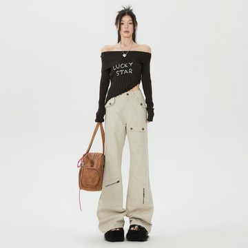 (免運)LRU春秋季設計感微喇直筒褲美式復古高腰牛仔褲女拖地工裝褲長褲