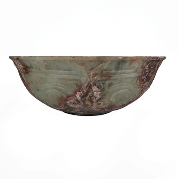 《博古珍藏》清．天然和闐玉薄胎獸面紋玉碗擺件．436公克．早期收藏．老件文物．附收藏錦盒．勿錯過．底價回饋