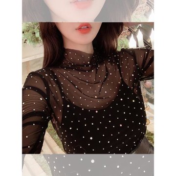 黑色網紗打底衫女長袖內搭春秋洋氣薄款半高領紗衣秋冬透視性感