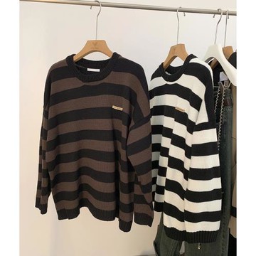 復古條紋長袖針織衫女秋季2025年新款寬松bf慵懶風中長款圓領上衣