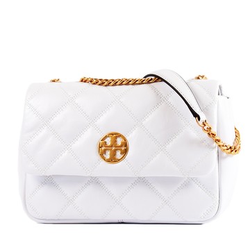 TORY BURCH WILLA 金LOGO菱格翻蓋肩背/斜背二用包-白色/小