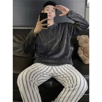 格子男士秋冬季珊瑚絨加絨保暖法蘭絨高級感可外穿純色家居服套裝