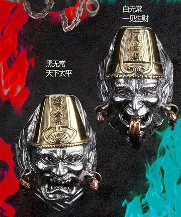 快手抖音網紅黑白無常戒指男款霸氣復古辟邪手工純銀戒指個性潮男