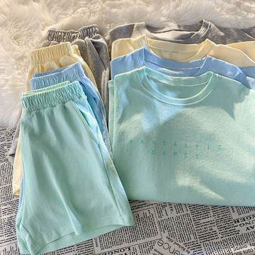 台灣出貨 純棉休閒運動套裝女夏新款學生百搭寬鬆時尚外穿短袖短褲兩件套潮 韓系顯瘦運動套裝兩件套 短T+短褲 夏天套裝女