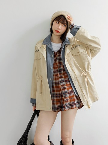 高含棉牛仔假兩件翻領刺繡收腰內裡長袖外套