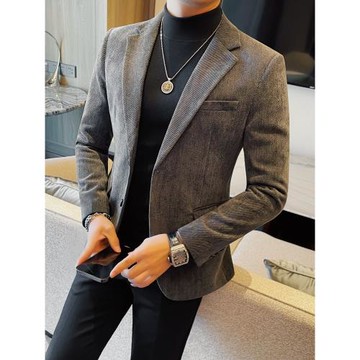 休閑西裝外套男士秋冬季高級感加厚時尚商務潮流修身帥氣西服上衣