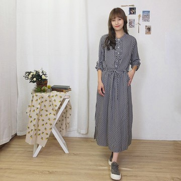 花木馬日系女裝圓領荷葉邊門襟綁帶收腰格紋洋裝