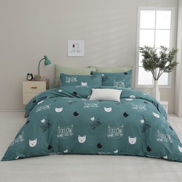 Ishur 伊舒爾 雲絲棉兩用被床包4件組 貓貓樂園  加大  床包 + 兩用被套 + 枕套 2個  綠色