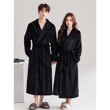 情侶睡袍秋冬加厚保暖法蘭絨簡約黑色高級感睡衣中長款家居服浴袍