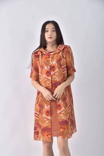 (M) i like短袖花卉橘色洋裝