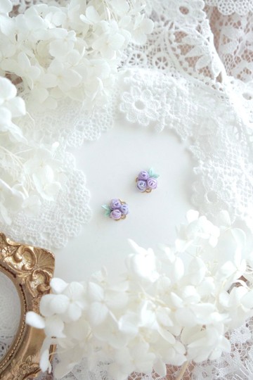 紫式 細工花玫瑰晨露 耳釘 三色