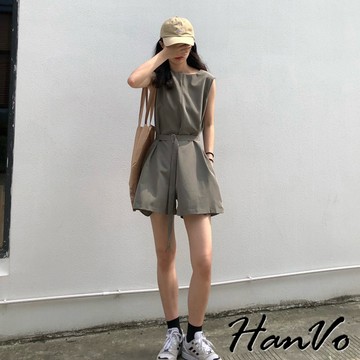 【HanVo】素色無袖連身短褲套裝 質感親膚舒適寬鬆休閒套裝 韓版女裝 女生衣著 A08-5987