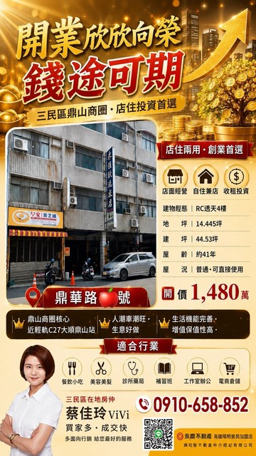 鼎山商圈C27輕軌創業首選臨路店住兩用四樓透天	｜高雄市三民區鼎華路