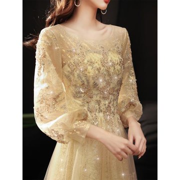 香檳色晚禮服女高級感秋冬長袖重工輕奢小眾年會主持人裙高端大氣