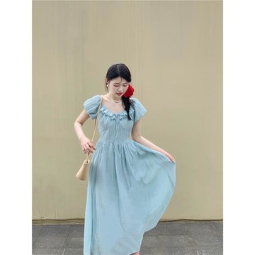 螞蟻自制法式復古泡泡袖v領連衣裙收腰顯瘦甜美中長款度假a字裙