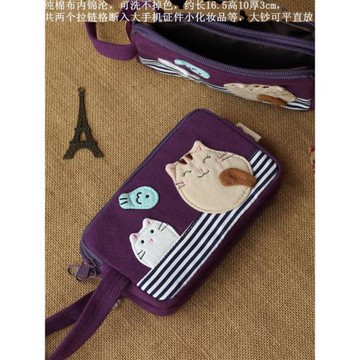 日式可愛貓女生大屏幕手機包手腕布袋手機零錢手拿包帆布單層拉鏈