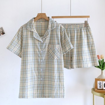 100%全棉夏季女士短袖短褲棉質家居服水洗棉睡衣套裝 大尺碼格子休閒薄款