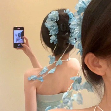 【蜜糖の髮飾】臺灣出貨【甜美風格】新中式花間瀑布春季流蘇繡球花抓夾後腦勺髮夾藍色繡