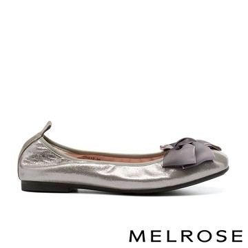 MELROSE 美樂斯 優雅氣質紗網蝴蝶結異材質方頭Q軟娃娃平底鞋－銀