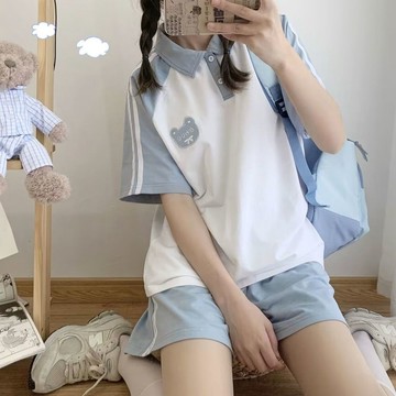 運動套裝女夏季日系軟妹學院風寬鬆時尚短袖短褲休閒兩件套