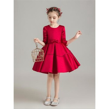 兒童晚禮服紅色長袖短款公主蓬裙女童鋼琴演出服花童裝小主持人