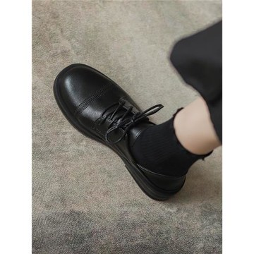 顯瘦低跟英倫小皮鞋女2023年新款春秋季厚底樂福鞋圓頭黑色工作鞋