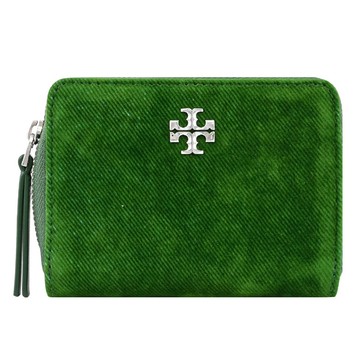 TORY BURCH 178173 金屬LOGO絨布ㄇ字拉鍊零錢卡包.綠