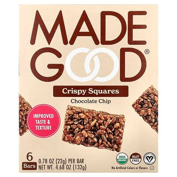 MadeGood, Crispy Squares，巧克力碎，6 根，每根 0.78 盎司（22 克）