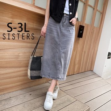 SISTERS 美式洗舊刷痕丹寧長裙 牛仔裙/S-3L(女下著/裙子/裙裝/顯瘦/中長裙/工裝)